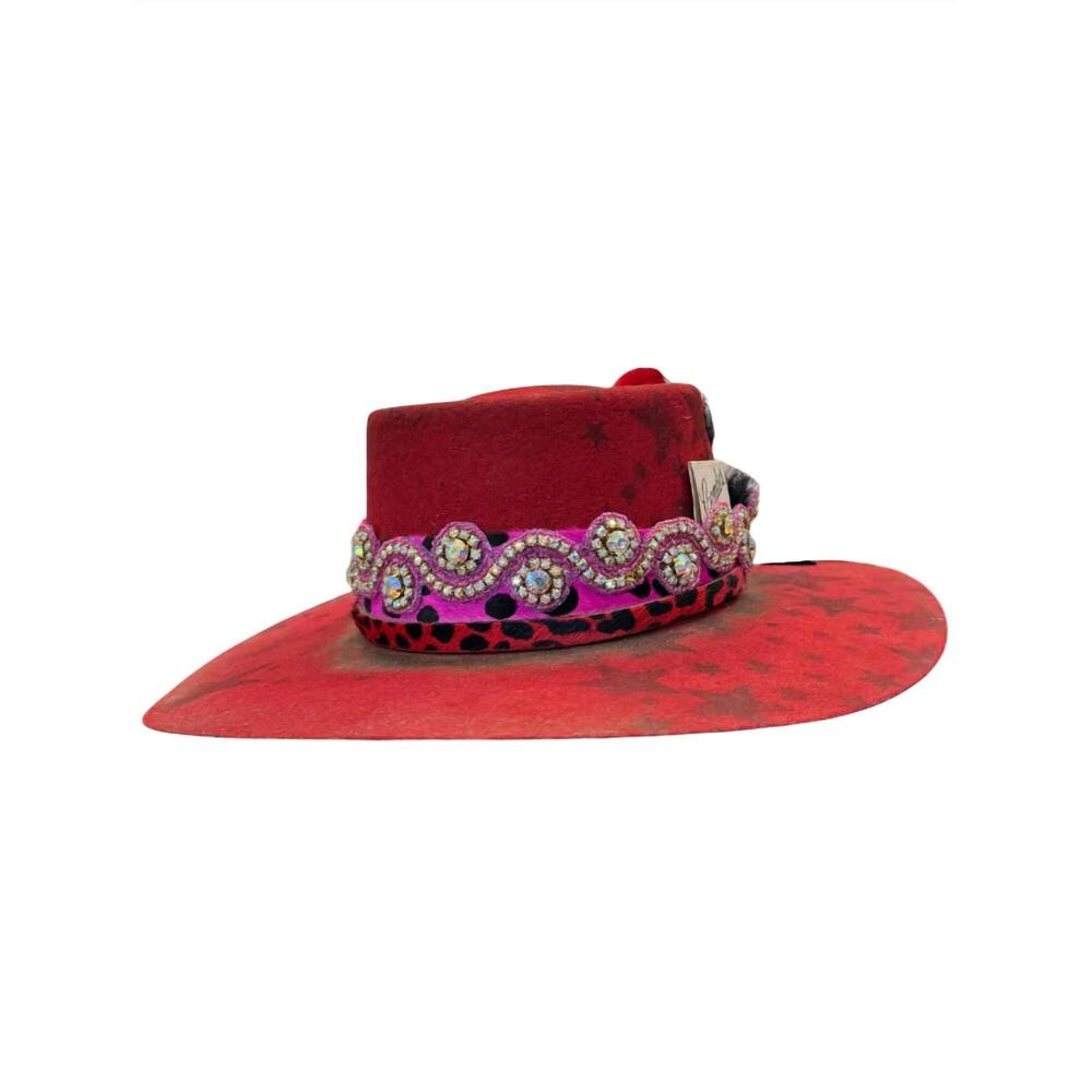 NEW ART BY AMY LABBE women's cheetah fedora hat in red with pink